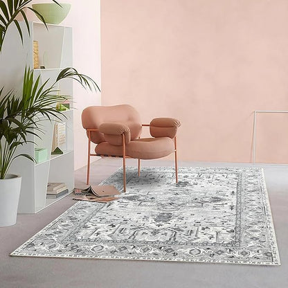 Fame Living Faded Oushak Rug, Turkish Vintage Floral Pastel Large Oversized Area Rugs for Living Room Dining Bedroom Kitchen Bathroom Nursery (848CrNv, 2' x 3')