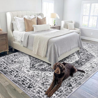 KOZYFLY Boho Area Rug 5x7 Ft Thin Rugs for Living Room Washable Bedroom Rug Non Slip Rugs for Living Room Printed Faux Wool Bedroom Rug Floor Carpet for Dining Room, Grey