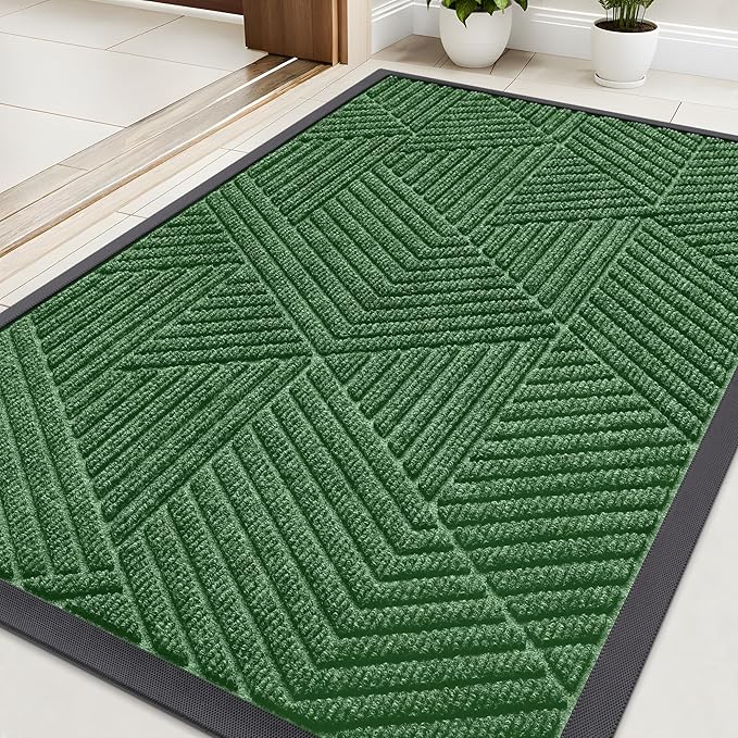 Kitinjoy Front Door Mat Outside Entrance, Sturdy Natural Dirt Trapper, Heavy Duty Rubber Doormat, Low Profile Non-Slip Backing, Easy Clean Floor Mat for Indoor Outdoor Entry, 29.5X17 Inch, Green