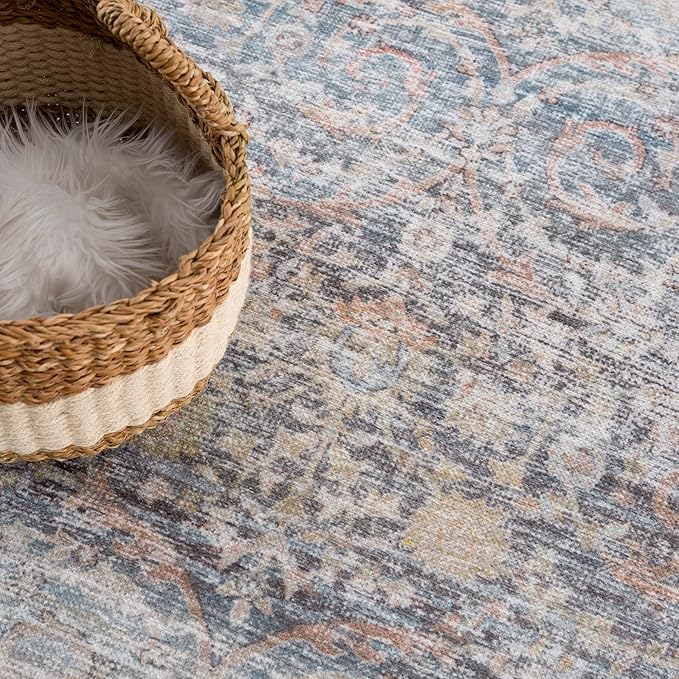 Bloom Rugs Caria Washable Non-Slip 12 ft Runner - Ocean Blue/Brick Traditional Runner for Entryway, Hallway, Bathroom, and Kitchen - Exact Size: 2'6" x 12'