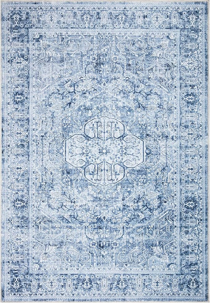 Bloom Rugs Washable Non-Slip 9' x 12' Rug - Ivory/Denim Blue Traditional Medallion Area Rug for Living Room, Bedroom, Dining Room, and Kitchen - Exact Size: 9' x 12'