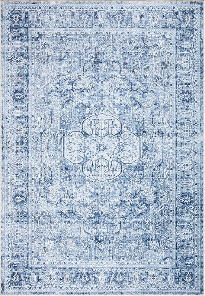 Bloom Rugs Washable Non-Slip 5' x 7' Rug - Ivory/Denim Blue Traditional Medallion Area Rug for Living Room, Bedroom, Dining Room, and Kitchen - Exact Size: 5' x 7'