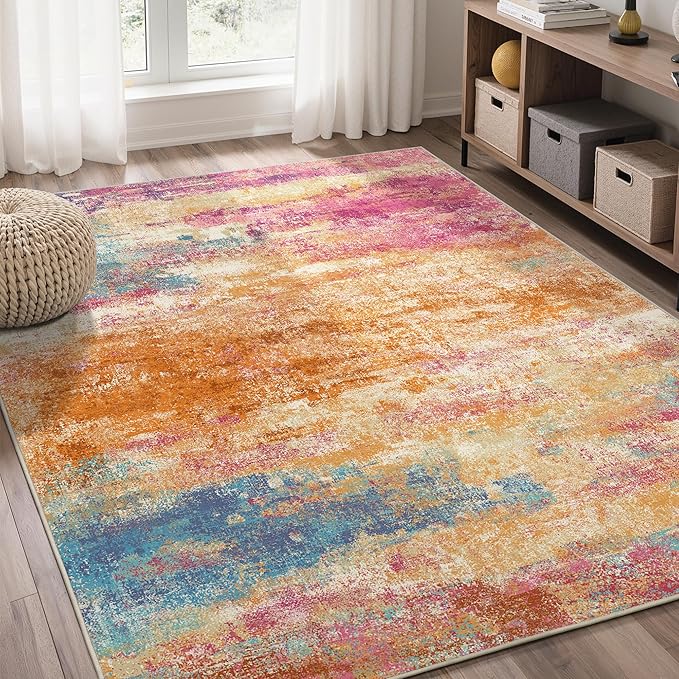 5x7 Area Rugs Washable Pink Rug for Living Room Nursery, Modern Abstract Large Rug Non Slip, Water Repellent Low Pile Soft Carpet for Bedroom, Dining Room, Home Office, Colorful Pink