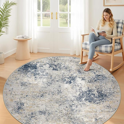 6ft Washable Round Rug - 6x6 Area Rugs Modern Abstract Rugs for Living Room Non-Slip Low Pile Soft Machine Washable Carpet for Bedroom, Living Room, Dining Room, Nursery, Farmhouse (6'x6' Beige Blue)