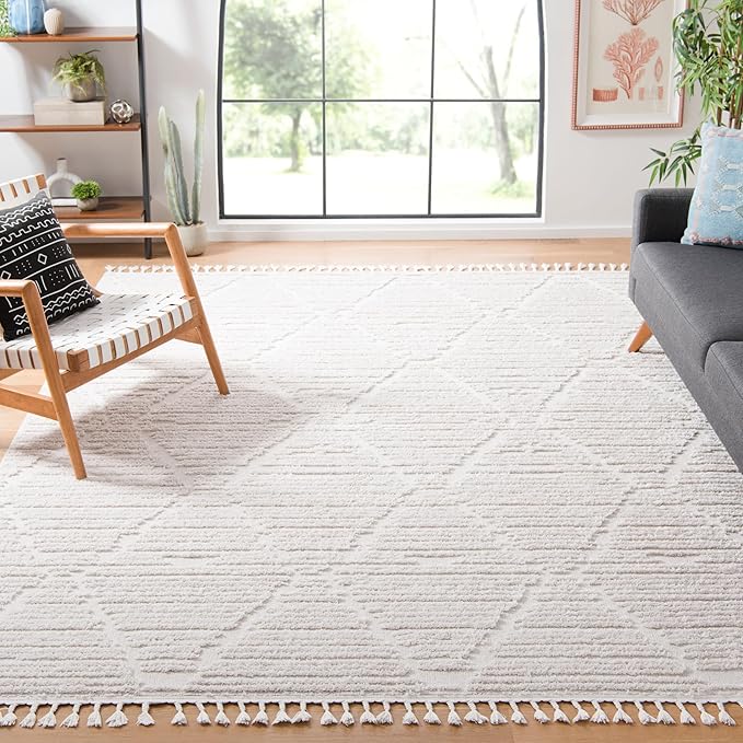 SAFAVIEH Marrakesh Collection Area Rug - 12' Square, Beige, Moroccan Boho Braided Tassel Design, Ideal for High Traffic Areas in Living Room, Bedroom, Dining Room (MRK517C-12SQ)