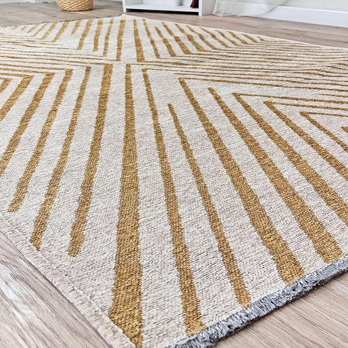 Alfa Rich 3x5 Geometric Gold Off White Washable Area Rugs for Living Room Bedroom Cotton Runner