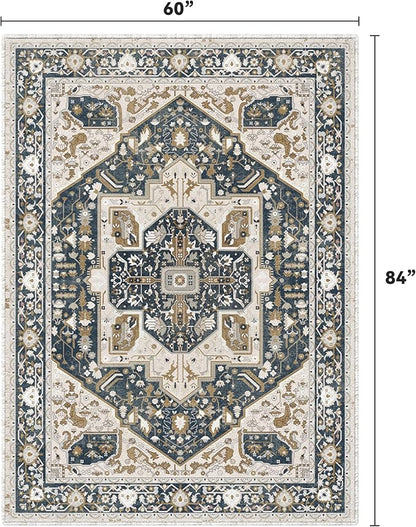 EnHomee 5x7 Area Rugs Washable for Bedroom, Boho Vintage Rugs, Foldable Area Rug for Dining Room, Non-Slip Soft Living Room Rug, Low Pile Large Carpet for Bathroom, Blue and Brown