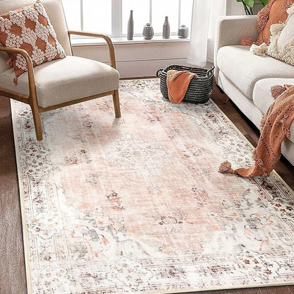 MUJOO Boho Rug 4'x6.5' Area Rugs for Bedroom Living Room Dining Room Pink Small Rugs Machine Washable Non Slip Carpet for Office Dorm Bedside Kitchen Laundry Room Floral
