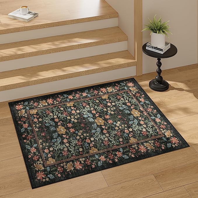 DUKINO 2x3 Entryway Rug, Floral Washable Area Rug with Non Slip Indoor Door Mat, Vintage Low Pile Small Front Door Throw Carpet for Kitchen, Entrance, Bathroom, Bedroom, Black