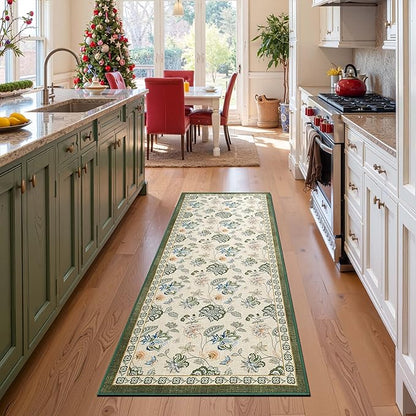 jinchan Elora 3x8 Floral Runner Rug for Hallway Washable Kitchen Runner Vintage Romance Design Non Slip Thin Indoor Floor Cover Low-Profile Throw Carpet for Entryway Bathroom Bedroom, Green/Beige