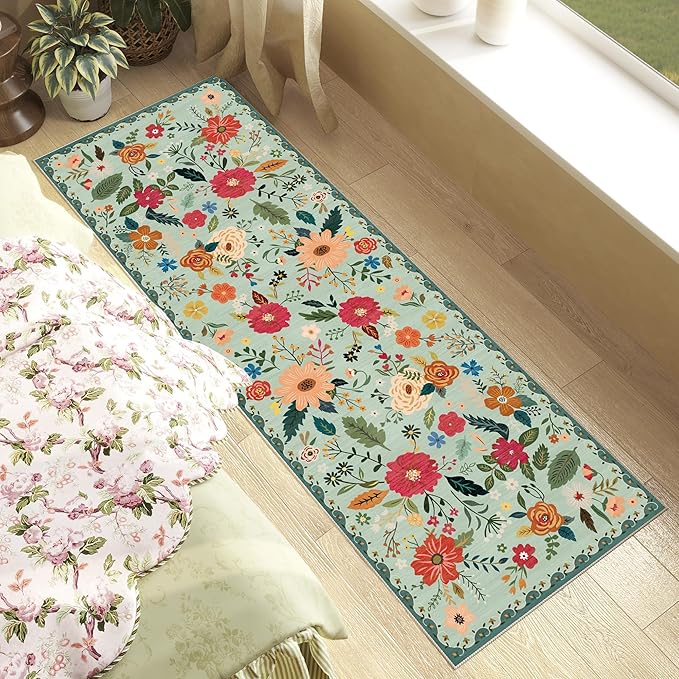Rug Runners 2x6, Floral Green Washable Kitchen Rugs for Hallways Area Rugs, Non Slip Long Rug Low Pile Doormat Flower Carpet for Kitchen, Entryway Indoor, Bedroom, Bathroom, Laundry, Sage Green