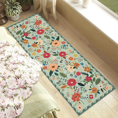 Rug Runners 2x6, Floral Green Washable Kitchen Rugs for Hallways Area Rugs, Non Slip Long Rug Low Pile Doormat Flower Carpet for Kitchen, Entryway Indoor, Bedroom, Bathroom, Laundry, Sage Green