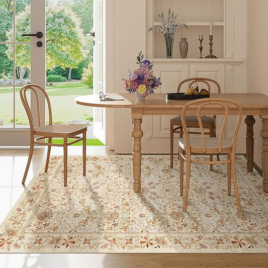 DUKINO 3x5 Area Rug, Vintage Floral Washable Rug for Bedroom with Non Slip Design, Soft Low Pile Indoor Small Carpet for Bedroom, Farmhouse, Living Room, Office, Bathroom, Beige