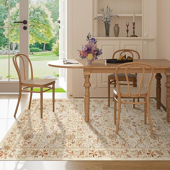 DUKINO 6x9 Rugs for Living Room, Vintage Washable Rug with Non Slip Backing, Floral Low Pile & Non-Shedding Large Area Carpets for Bedroom, Dining Room, Farmhouse, Home Office, Beige