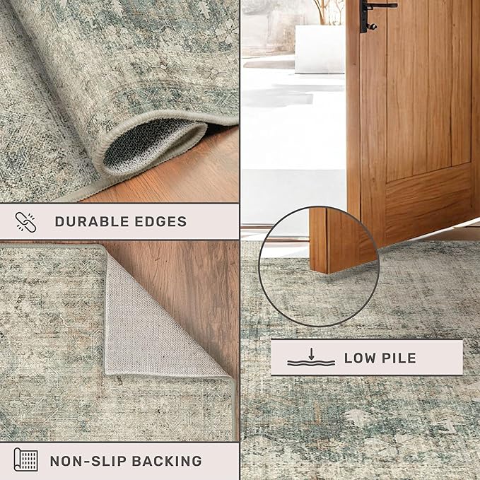 Moss Green Farmhouse 3x5 Large Entryway Rugs Indoor - Non Slip Washable Area Rug for Kitchen, Laundry Room, Low Pile Soft Carpet for Bedroom, Stain Resistant Vintage Indoor Decor