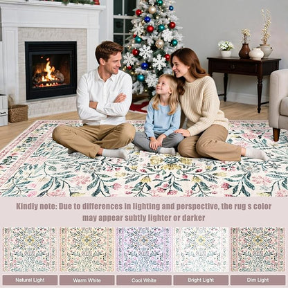 8x10 Area Rugs for Living Room: Floral Washable Rug Vintage Large Soft Boho Non-Slip Carpet Indoor Stain Resistant Low Pile Carpets for Bedroom Dining Room Farmhouse Nursery Home Office Pink Green