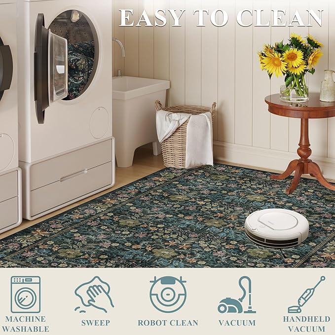 DUKINO 3x5 Area Rug, Vintage Floral Washable Rug for Bedroom with Non Slip Design, Soft Low Pile Indoor Small Carpet for Bedroom, Farmhouse, Living Room, Office, Bathroom, Blue