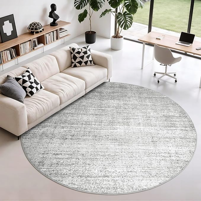 Valenrug Washable Round Area Rugs 6x6 - Stain Resistant 6ft Round Rugs for Living Room, Non Slip Backing Printed Rugs for Bedroom, Folable Machine Washable Area Rug (6ft, Grey)