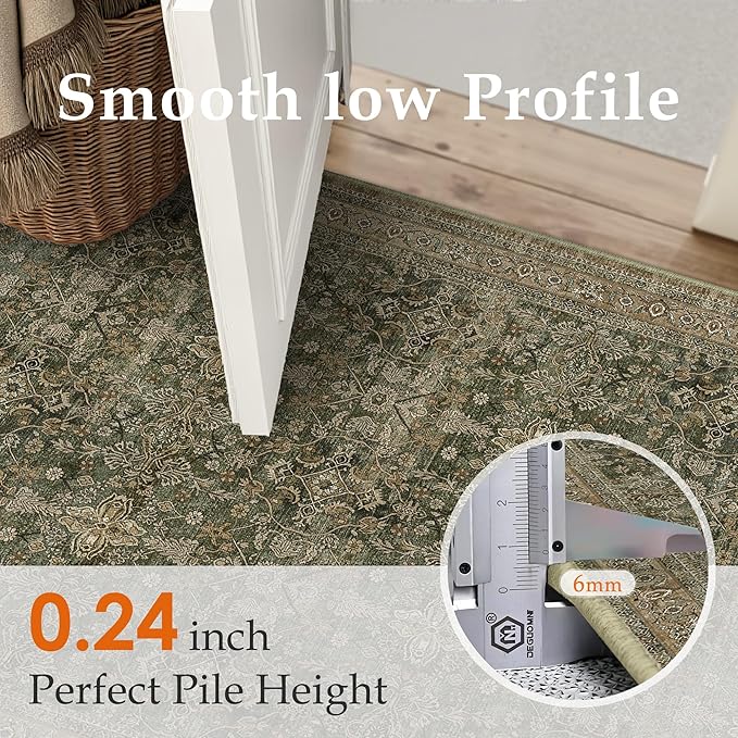 Entryway Area Rug 3x5 Green Brown Vintage Washable Office Carpet Traditional Distressed Indoor Entry Soft Non Slip Small Door Mat Retro Low Pile Thin Rug for Kitchen Laundry Bedroom