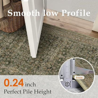 Entryway Area Rug 3x5 Green Brown Vintage Washable Office Carpet Traditional Distressed Indoor Entry Soft Non Slip Small Door Mat Retro Low Pile Thin Rug for Kitchen Laundry Bedroom