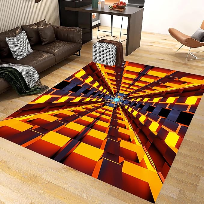 3D Abstract Grid Area Rug, 5x8ft, Visual Illusion Realistic Cave Indoor Carpets, Orange Three Dimensional Pattern Floor Mat, Easy Clean Breathable Washable Rugs for Indoor Family