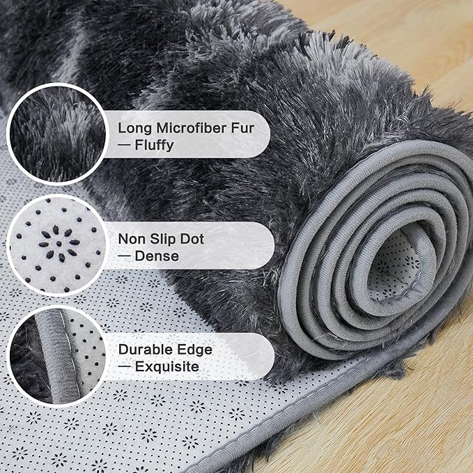 Andency Soft Area Rugs for Living Room Bedroom, 3x5 Non-Slip Fluffy Shag Carpet, Indoor Floor Fuzzy Shaggy Living Room Plush Rug for Kids Dorm Nursery Home Decor Aesthetic, Tie-Dyed Dark Grey