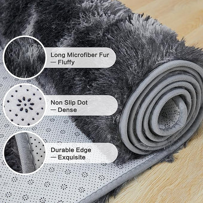 Andency Soft Area Rugs for Living Room Bedroom, 3x5 Non-Slip Fluffy Shag Carpet, Indoor Floor Fuzzy Shaggy Living Room Plush Rug for Kids Dorm Nursery Home Decor Aesthetic, Tie-Dyed Dark Grey