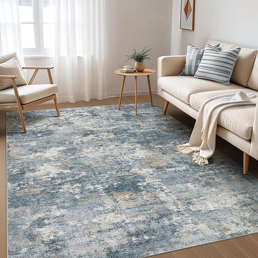 Nakagishi 7x9 Area Rugs Living Room: Washable Abstract Large Neutral Soft Rug Stain Resistant Modern Indoor Floor Non-Slip Carpet for Bedroom Nursery Kids Playroom Office Dining Room Dorm-Blue Brown