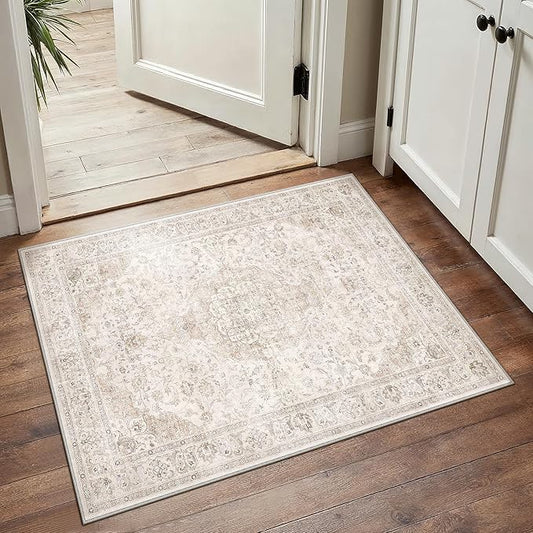 HUGEAR 2x3 Entryway Area Rug Vintage Beige Small Rug Machine Washable Door Mat Neutral Floral Low Pile Carpet Vacuumable Thin Throw Rug Entrance Kitchen Bathroom Bedroom Non Slip Lightweight