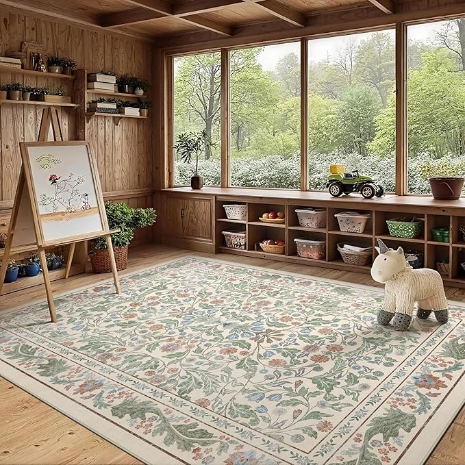 Beige Floral 8x10 Area Rugs for Living Room Large Washable Rug Vintage Forest Low Pile Non Slip Stain Resistance Soft Carpet for Dining Room, Bedroom, Office Rug, Kids Room, Nursery Room, Playroom