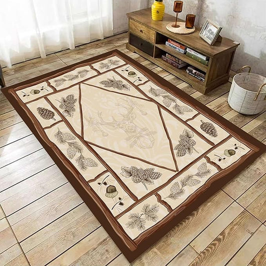 Country Cottage Deer Area Rugs 5x7ft Animal Plant Pine Cone Leaves Branches Patchwork Pattern Featured Indoor Floor Rugs, Vintage Style Non-Slip Non-Shedding Rugs for Farmhouse Office Living Room