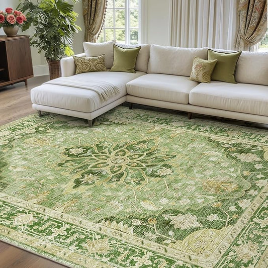 Area Rugs 8'x10' Washable Non-Slip, Floral Vintage Distress Print Pattern Medallion Carpet for Living Room Bedroom Dining Room, Sage Green Yellow