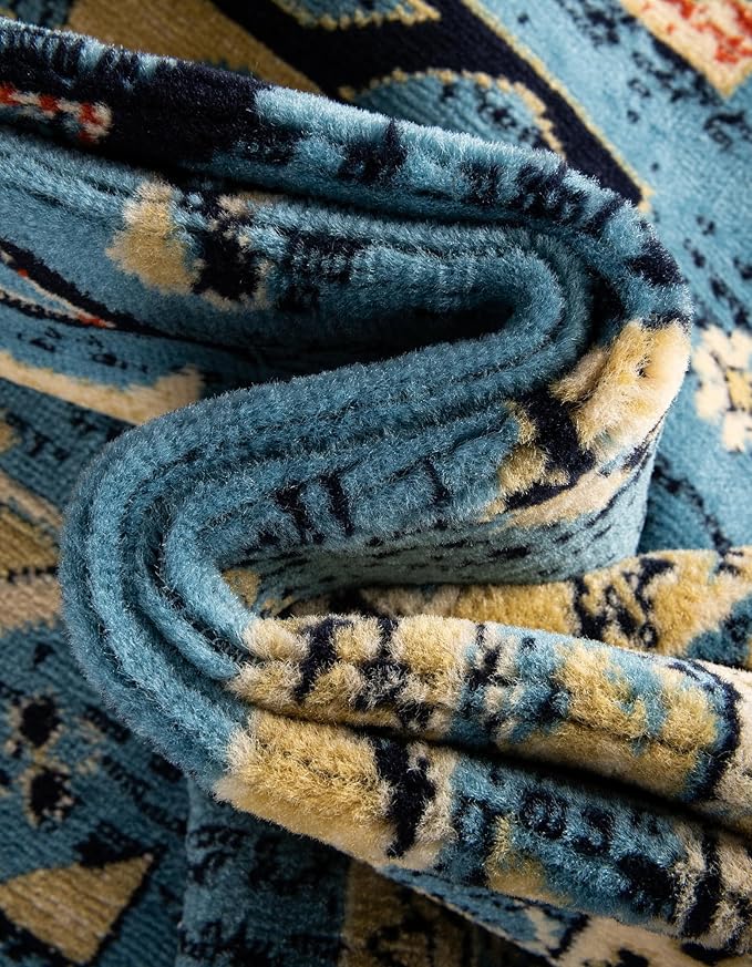 Unique Loom Taftan Collection Border Geometric Tribal Inspired Design Area Rug, 8 ft, Light Blue/Gold