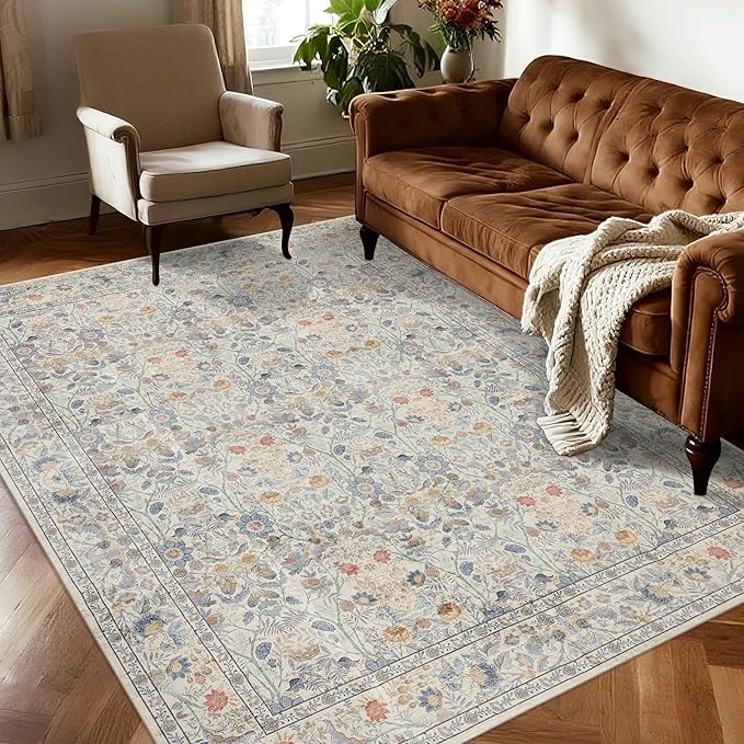 Washable Living Room Rug: 5x7 Boho Floral Soft Area Rug for Bedroom Decor - Vintage Low Pile Thin Carpet for Dining Room Non-Slip - Farmhouse Stain Resistant Rugs - Beige Blue