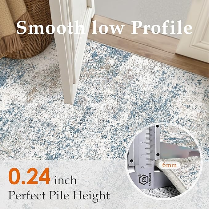 Blue 8x10 Area Rug Washable Modern Abstract Living Room Carpet Non Slip Neutral Low Pile Soft Contemporary Aesthetic Bedroom Large Rug Indoor Office Dining Room Playroom