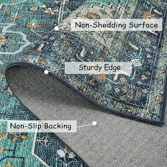 Moynesa Ultra-Thin Washable Vintage Runner Rug - 2'6"x8 Boho Hallway Kitchen Runner Oriental Medallion Bedside Mat Non-Slip Non-Shedding Indoor Throw Carpet for Laundry Entrance, Teal/Mutil