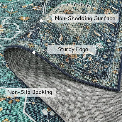Moynesa Ultra-Thin Washable Vintage Area Rug - 5x7 Large Living Room Rug Boho Oriental Medallion Bedroom Mat Non-Slip Non-Shedding Dining Room Floor Carpet for Home Office, Teal/Mutil