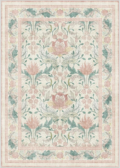 Bavni 8x10 Area Rugs for Living Room, Microfiber Machine Washable Non-Slip Vintage Floral Rug, Low Pile Lightweight Carpet for Bedroom, Dining Room, Home Office, Beige&Pink