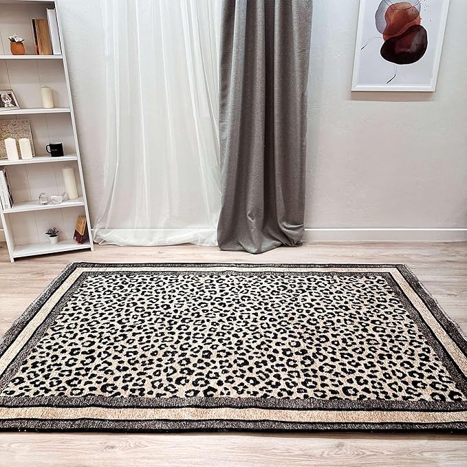 Alfa Rich 7x10 Leopard Beige Black Washable Area Rugs for Living Room Bedroom Kitchen Cotton Rug