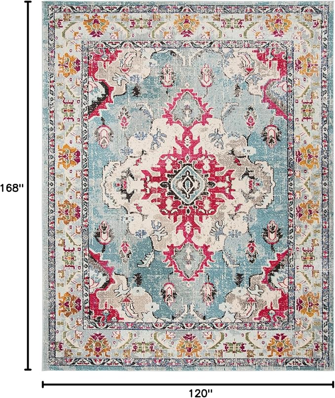 SAFAVIEH Monaco Collection Area Rug - 10' x 14', Light Blue & Fuchsia, Boho Chic Medallion Distressed Design, Non-Shedding & Easy Care, Ideal for High Traffic Areas in Living Room, Bedroom (MNC243J)