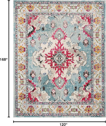 SAFAVIEH Monaco Collection Area Rug - 10' x 14', Light Blue & Fuchsia, Boho Chic Medallion Distressed Design, Non-Shedding & Easy Care, Ideal for High Traffic Areas in Living Room, Bedroom (MNC243J)