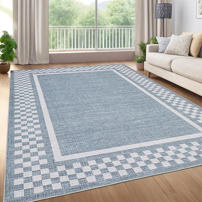 Small Bedroom Area Rug 3x5 Checkered Area Rug for Living Room Nursery Non Slip Kitchen Throw Carpet Low Pile Modern Bordered Rugs Washable Bathroom Mat Soft Brown Rugs for Laundry Entryway, Blue
