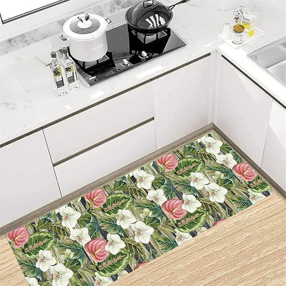 Runner Rug 4x12ft Non-Slip - Tropical Floral Watercolor Boho with Orchids & Leaves - Washable Entryway Carpet for Hallway, Bedroom, Dining Room - Green Pink Design