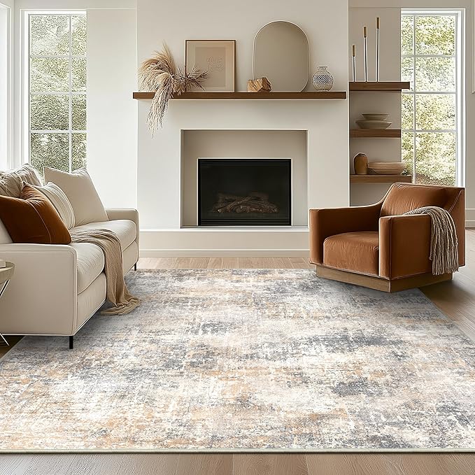 Bavni 6x9 Area Rugs Machine Washable Rug for Living Room, Modern Printed Rug Indoor Soft Area Rug for Bedroom Dining Room, Ultra-Thin Low Pile Carpet with Non Slip Rubber Backing, Beige Gray