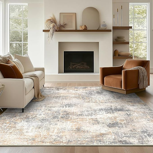 Bavni 8x10 Area Rugs Machine Washable Rug for Living Room, Modern Printed Rug Indoor Soft Area Rug for Bedroom Dining Room, Ultra-Thin Low Pile Carpet with Non Slip Rubber Backing, Beige Gray