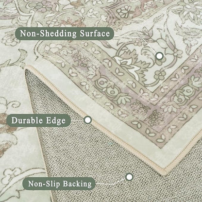 vivorug 4x6 Rug, Small Area Rug for Living Room, Bedroom, Kitchen, Machine Washable Non-Slip Throw Rug, Vintage Floral Carpet for Entryway Nursery Coffee Table - Durable (Sage Green)
