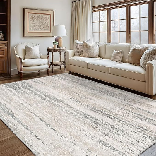 MUJOO 8x10 Area Rugs,Washable Rugs for Living Room Bedroom Dining Room,Modern Abstract Large Non Slip Carpet Indoor,Low Pile Throw Rug Accent Neutral Beige and Grey