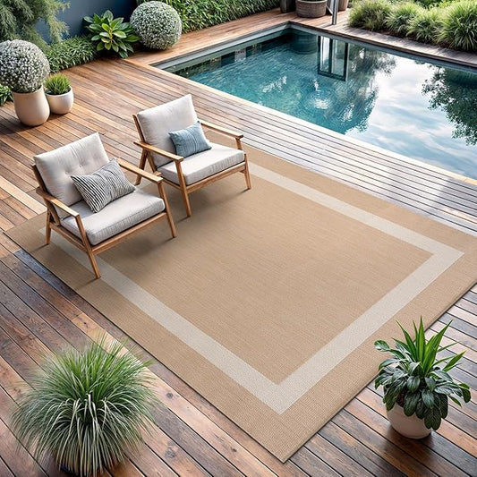 CAMILSON Outdoor Rug 10x14, Large Modern Outside Rugs for Patios Porches Waterproof Durable Washable Non-Shedding, Easy-to-Clean Indoor/Outdoor Area Carpet (10 x 14, Bordered - Beige/White)