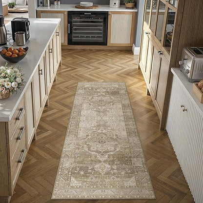 2x6 Washable Vintage Runner Rug for Living Room Bedroom Non Slip Distressed Traditional Soft Runner Rug Beige Brown Low Pile Lightweight Floral Runner Kitchen Hallway Entrance