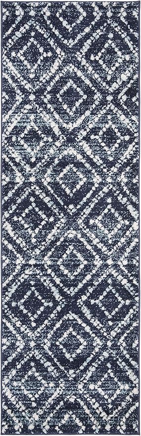 SAFAVIEH Adirondack Collection Runner Rug - 2'6" x 14', Navy & Ivory, Modern Diamond Distressed Design, Non-Shedding & Easy Care, Ideal for High Traffic Areas in Living Room, Bedroom (ADR131N)